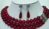 Necklace Fancy 3 Row Green/Red Jade Necklace Earring Ring Set Natural jewelry