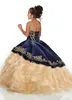 Granatowy niebieski ze złotym haftem małe dziewczynki korowód sukienki 2020 cupcake ruffles spaghetti organza kwiat dziewczyna suknia święta komunię sukienka
