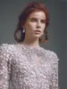 Alfazairy 2019 Lavanta Gelinlik Modelleri Lüks Tüy Uzun Kollu Dantel Boncuk 3D Çiçek Aplike Parti Abiye giyim Örgün Durum Elbise