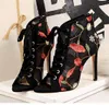 Sexy Floral Haft Meshy Lace Up Hold Heels Peep Toe Buty Moda Luksusowe Designer Kobiety Buty Rozmiar Od 34 do 40