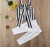 2019 Toddler Kids Baby Girl Summer Outfits Tops Big Bow Stripe Strap Tops + White Hollow Pants 2PCS Baby Girls Clothes Set