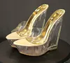 Hot Sale-14cm Luxury Handgjorda Heel Clear Sandals Kvinnor Designer Mules Bridal Bröllopskor Komma med Box