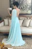 Een nieuwe elegante lijnavond één schouder Sky blauw geplooide vloer lengte goedkope chiffon formele prom feestjurk dubai optocht jurken