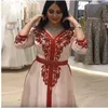 3/4 ärmar ljus rosa v nacke marockansk kaftan kväll klänningar för kvinnor muslim spets applique prom klänning speciellt tillfälle formell fest