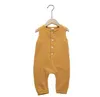 Baby rompers spädbarn solid ärmlös jumpsuits toddle bomull linne onies knappar klättra kostym sommar casual bodysuit overall kläder c5856