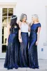 2019 Sparkly A-lijn Navy Blue Bruidsmeisjes Jurken Spaghetti Pailletten Land Stijl Strand Lange Vloer Lengte Bruiloft Guest Maid of Honour