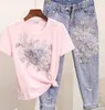 Amolapha Women Sequined Beaded 3D Flower Cotton T-shirt +Calf-length Jeans Clothing Sets Summer Mid Calf Jean Suits