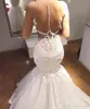 2019 Sexig Illusion Mermaid Bröllopsklänning Vintage Arabisk Sheer Neck Lace Appliques Lång Bridal Gown Plus Size Custom Made