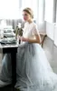 2020 New Country Style Bohemian Bridesmaid Dresses Top Lace Short Sleeves Illusion Bodice Tulle Skirt Maid Of Honor Beach Wedding Dress 4634