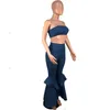 Denim Two Piece Set Summer Strapless Crop Top and Flare Pant Suit Matching Sets Outfits Sexy 2 Piece Set Women