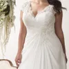 Col en v Cap Manches Grande Taille Robes De Mariée En Mousseline De Soie Appliqué Dentelle Dos Ouvert Drapé Côté Ruché Corsage Robe De Mariée 28W