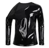 Black Mens pvc faux Leather Long Sleeve Zipper T-shirt Nightclub Style Metallic Shiny Hip Hop Pullover T-Shirt Costume Top