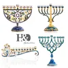 Candeliere Hanukkah Menorah floreale smaltato dipinto a mano HD Candelabro a 9 rami impreziosito da cristalli Stella di David Hamsa