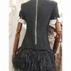 Premium New Style Top Quality Original Design Women's White & Black Hit Color Dress Metal Buckles Feather hem Mini Dress