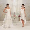 2018 Vintage High Low Lace Wedding Dresses with Detachable Train A Line 2019 Bridal Gowns Spaghetti Straps Sash Custom Made