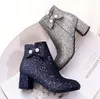 Klein Big Size 32 33 tot 42 43 44 45 Glitter Lovertjes Blauw Zilver Bowtie Chunky Hak Enkellaarzen Dames Winterschoenen