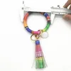 10pcs Mixed Colors PU Leather O Key Chain Custom Circle Tassel Wristlet Bracelet Keychain Women Girl Key Rings Wrist Strap285E