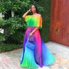 Women Beach Gradient Tie Dye Print Chiffon Off Shoulder Futterfly Sleeve Maxi veckad klänning Sexig Boho Long Dresses Purple