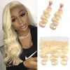 Malaysian 100% Human Hair 2 Bundles With 13X4 Lace Frontal With Baby Hair Pre Plucked 613# Blonde Body Wave Bundle With Frontal
