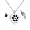 Birthstone Pet Memorial Urn Necklace Dog/Cat Paw Print Heart Cremation Jewelry Ashes Keepsake Pendant (Engraving)