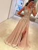 Long Evening Dresses Formal Gowns Floor-Length A-Line Princess V-neck Sleeveless Applique Silk like Satin Dresses288f