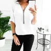 Mulheres sólidas camisetas Sexy V Neck Zipper Casual Camisetas Tops Feminino Roupas Nova Moda Top Tee V-Neck Trend