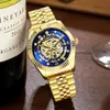 Chenxi armbandsur lysande pekare guld skelett hollowout klocka affärsklocka för män 001 guld bezel analog ringa vik spänne