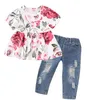 baby meisje zomer kleding sets O-hals korte mouw volledige bloem print shirt + denim broek zomer meisje casual kleding set