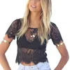 Blusas femeninas sexis de verano para mujer, blusa negra de manga corta con cuello en V, blusa Sexy de encaje Vintage, Top corto con cremallera en la espalda, ropa para discoteca