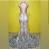 Lyx Silver Mermaid Beading Aftonklänningar Sexig Juvel Neck Crystal Appliqued Formell Prom Dress Sequined African Robes de Soirée