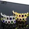 Hip Hop Personalized Real 18k Gold Bling Colorful Diamond Teeth Grillz Iced Out Cz Tooth Grills Vampire Mouth Fang Grill Rapper Jewelry