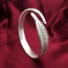 OMHXZJ Whole Personality Bangles Fashion OL Woman Girl Party Gift Silver Open Leaf 925 Sterling Silver Cuff Bangle Bracelet BR4072004