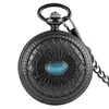 Luxury Black Pocket Watch Hand Winding Mechanical Blue Eye Pattern Skeleton Roman Num Rial Fob Pendant Chain Gift To Men Women