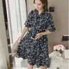 Sommer Chiffon Druck Blumen Frauen Kleid Mitte Der Wade Bogen Flare Hülse Büro Vintage Nette Süße A-Line Kleid Vestidos nette Kleidung