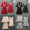 5Pcs Women Sexy Lingerie Robe Gowns Pajamas Set Lace Floral Kimono Dress Babydoll Nightdress Sleepwear Shorts Pants