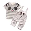 Clothing Sets Baby Boys Cute Panda Sport Set Casual Korean Stripe Short-sleeved T-shirt Solid Color Suspender Pants 2pcs Suit 1-5T1