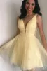 Light Yellow Homecoming Dresses V Neck Backless Short Sequined Sash Crystal Mini Cocktail Party Gowns Special Occasion Dress7350547