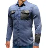 Designer camisa dos homens dos retalhos de bolso Slim Fit Denim Jeans camisa dos homens moda de alta qualidade Camisas Casual Brasão Men Streetwear