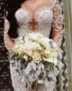 Abiti da sposa arabi lussuosi sexy con ricami a sirena con perline Abiti da sposa con maniche lunghe con collo trasparente Vestido De Novia