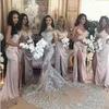 Luxury Sparkly Wedding Dress Sexig Sheer Bling Beaded Lace Applique High Neck Illusion Långärmad Champagne Mermaid Chapel Bridal Gowns 1246