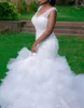 Plus Size Arabic Style Wedding Dresses Deep V Neck Beading Layers Mermaid Wedding Gowns Chapel Train Lace Up Back Beach Bridal Dresses