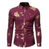 Męskie hipster Bronzing Rose Print Shirt Men Długie rękaw Złota Kwiatowa sukienka Down Down Shirts Black Slim Fit Chemise Hommes TOP260G