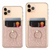 Telefon Bling Glitter Evrensel Çubuk Nakit Kimlik Kredi Tutucu Kapak iPhone Most için metal Parmak Halkası Parantez Kart Yuvası 3M Sticker Deri