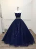 2019 azul marinho tulle prom vestidos simples vestidos de baile para o doce 16 meninas strapless frisado cílios bling tule vestidos de noite quinceanera dress