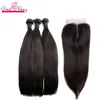 Greatremy Brazilian Silky Straight Hair Weft with TopClosure 4X4 Lace Closure HairBundles 4PCS Natural Color Human VirginHair Weave
