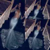 Sparkly Mavi Payetli Seksi Mermaid Abiye Giyim Sequins Derin V Boyun Uzun Kollu Sheer Backless Mahkemesi Tren Parti Elbise Balo Abiye