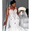 Luxury Beaded Mermaid Wedding Dresses Dubai Spaghetti Crystal Plus Size Wedding Vestidos De Noiva Sexy Back African Bridal Dress