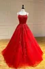 Mode röd en linje spets prom aftonklänningar med remmar applique öppet rygg tyll lång formell tävlingsklänning för kvinnor party homeco3601615
