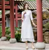 Novo algodão linho feminino longo arte original solto retro botão pintado à mão manga longa zen chá dança do ventre vestido de desempenho de música folclórica