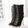 Venda quente-Cinza preto ankle bootie sapatos peep toe sexy ladies lace up bombas de salto alto 12 cm tamanho 34 a 40